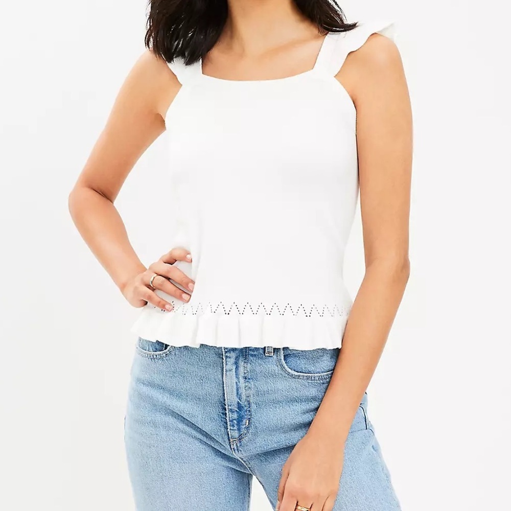 NEW LOFT Pointelle Ruffle Sweater Tank Top-Size Large-Light Ivory/White
